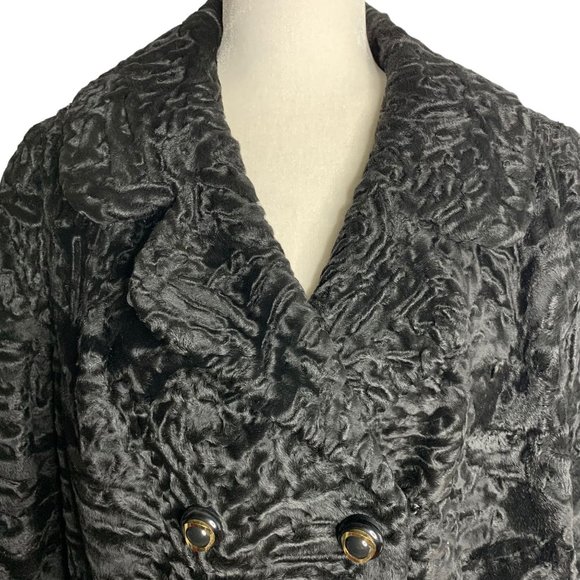 Vintage 60s Pelz Zeller Curly Lamb Wool Fur Coat L Black Hook Closure Pockets - Picture 2 of 6